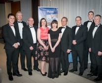 No repro fee- limerick chamber president's dinner 2017 - 17-11-2017, From Left to Right: Peter Hunt, James Gunning, Vincent Hely, Vanessa Van Niekera, Fiona Giltinan, Seamus Quirke, Marius an Nieker, Karl Dowling, Dave Jefferies all from Action Point and sponspors of Best Business Service Provider Award. Photo credit Shauna Kennedy