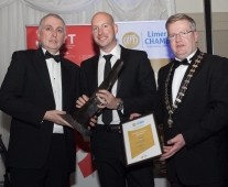 Matthew Ryan from Mathew Stephens being presented with the Best Retail & Hospitality Award by Liam Hession, BDO (left) and Dr Fergal Barry, President Limerick Chamber at Limerick Chamber\'s Business Awards at the Strand Hotel, Limerick. - Picture: Kieran Clancy Â© 15/11/2013