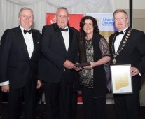 Eugene O\'Riordan, Limerick Pig\'n\' Porter event is presented with the best Sport, Art & Culture Award by Catherine Duffy, Northern Trust; Pat Cox, Limerick City of Culture, with Dr Fergal Barry, President Limerick Chamber, at Limerick Chamber\'sRegional Business Awards at the Strand Hotel, Limerick. - Picture: Kieran Clancy Â© 15/11/2013
