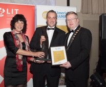Paul Gough, Nualtra (centre) being presented with Best Start up / Emerging Business Award by Dr Maria Hinfelaar, President, LIT and Dr Fergal Barry, President, Limerick Chamber, at the Limerick Chamber\'s Regional Business Awards at the Strand Hotel, Limerick. - Picture: Kieran Clancy Â© 15/11/2013