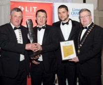 Jimmy Martin and Martin Purcell of AMCS, being presented with the \' Best Exporter Award\' by Cllr John Egan, Leas Cathaoirleach, Limerick (left) and Dr. Fergal Barry, President Limerick Chamber, at the Limerick Chamber\'s Regional Business Awards at the Strand Hotel, Limerick. - Picture: Kieran Clancy Â© 15/11/2013