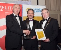Colm O\'Brien, Carambola Kidz, being presented with the Best SME Award, by Dave McDonnell, Bank of Ireland (left) and Dr Fergal Barry, President Limerik Chamber at the Limerick Chamber\'s Regional Business Awards at the Strand Hotel, Limerick were: - Picture: Kieran Clancy Â© 15/11/2013