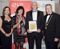 Samuel Shine, SAMCO Agricultural Manufacturing, being presented with the Overall Business iof the Year Award, by Dr. Maria Hinfelaar, President, LIT, with MariaKelly, CEO, Limerick Chamber (left) and Dr Fergal Barry, President Limerick Chamber, at the Limerick Chamber\'s Regional Business Awards at the Strand Hotel, Limerick .- Picture: Kieran Clancy Â© 15/11/2013