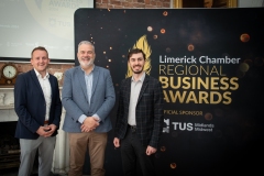 2024 Limerick Chamber Regional Business Awards Launch which took place in the Limerick Chamber Office on 12th June. From left to right: Andrew Moloney - Hook and Ladder, Noel Gavin - President Limerick Chamber, Cam Etcioglu - DSM.