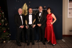 KRB 15-11-2024 Limerick Chamber Presidents Dinner and Regional Business Awards at the Strand Hotel Limerick. L-R  Prof Vincent Cunnane President of  TUS,   Noel Gavin President of Limerick Chamber, Best overall business of the year winner Redmond McDonnell CEO DesignPro Automation Michelle Gallagher CEO Limerick Chamber, , ..  Picture by: Kieran Ryan-Benson