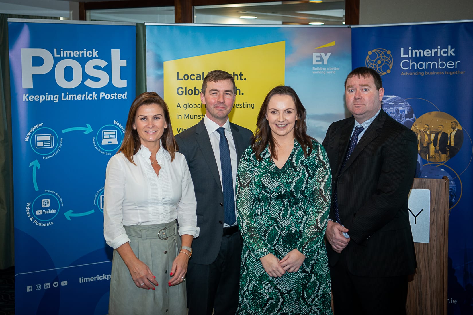 No repro fee-Limerick Chamber Autumn Luncheon which was held in The Savoy Hotel on Monday 23rd September - From Left to Right: Leanne Storan- Director of Tax Limerick EY, Prof Sean Kinsella - Kemmy Business School UL, Dr Catriona Cahill - Chief Economist Limerick Chamber, Seamus Coffey - Chair Irish Fiscal Advisory Council,. Photo credit Shauna Kennedy