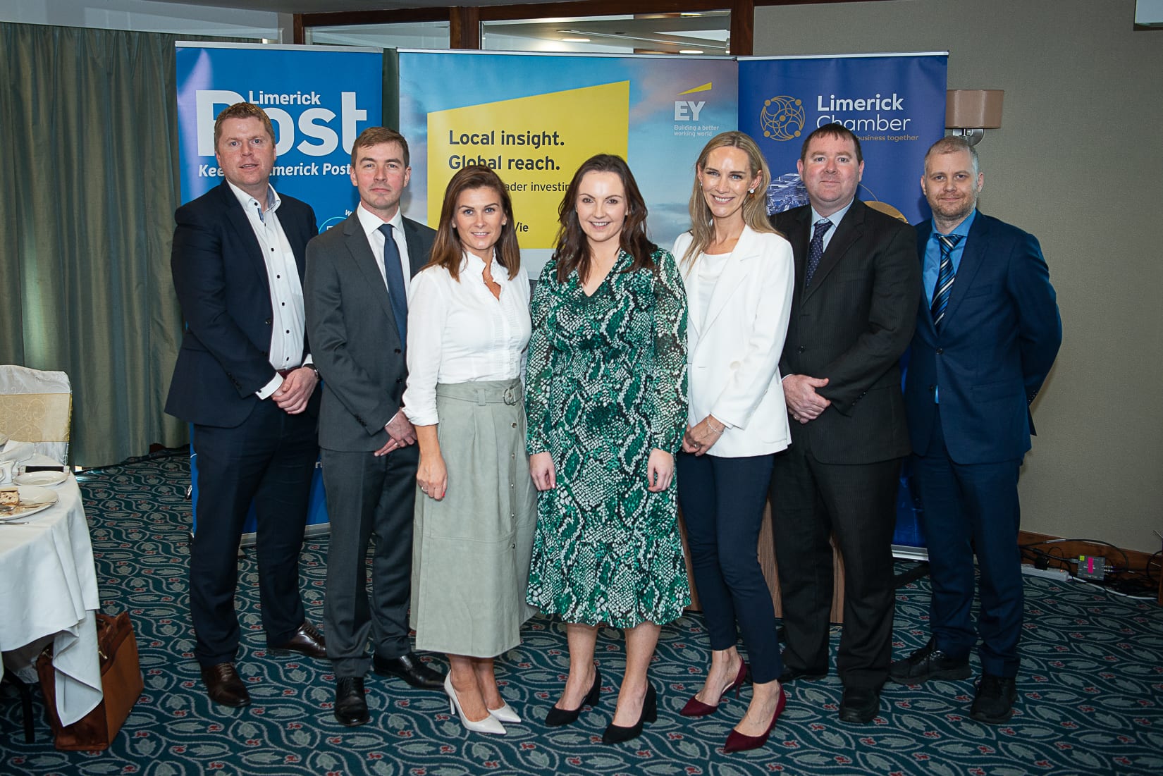 No repro fee-Limerick Chamber Autumn Luncheon which was held in The Savoy Hotel on Monday 23rd September - From Left to Right: Eoin Ryan - President Limerick Chamber, Prof Sean Kinsella - Kemmy Business School UL, Leanne Storan- Director of Tax Limerick EY, Dr Catriona Cahill - Chief Economist Limerick Chamber, Dee Ryan - CEO Limerick Chamber Seamus Coffey - Irish Fiscal Advisory Council, Will Ryan - Limerick Post. Photo credit Shauna Kennedy