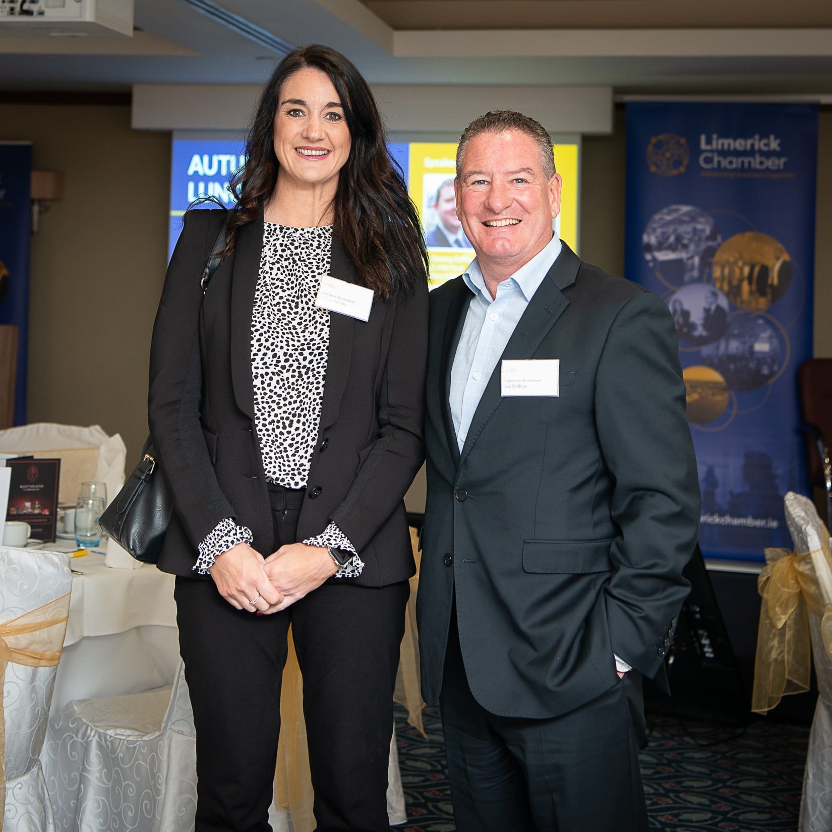 No repro fee-Limerick Chamber Autumn Luncheon which was held in The Savoy Hotel on Monday 23rd September - From Left to Right: Gillian Dunphy and Joe Robbins both from Career Wise Recruitment. 
Photo credit Shauna Kennedy