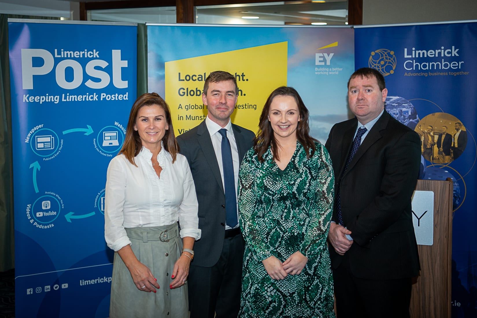 No repro fee-Limerick Chamber Autumn Luncheon which was held in The Savoy Hotel on Monday 23rd September - From Left to Right: Leanne Storan- Director of Tax Limerick EY, Prof Sean Kinsella - Kemmy Business School UL, Dr Catriona Cahill - Chief Economist Limerick Chamber, Seamus Coffey - Chair Irish Fiscal Advisory Council,. Photo credit Shauna Kennedy