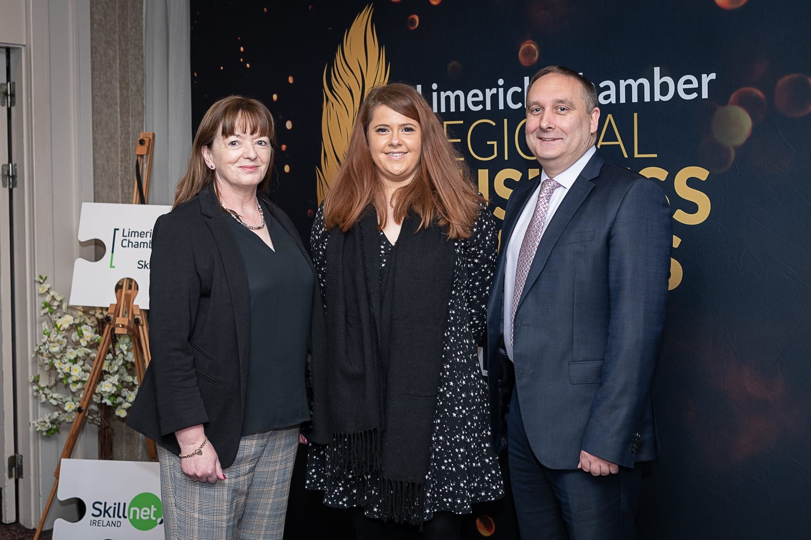 No repro fee-Limerick Chamber President Dinner Shortlist announcement which was held in The Limerick Strand Hotel on Wednesday 16th October  - From Left to Right:  Joan O’Dell - AIB, Caoimhe Moloney - Limerick Chamber, Trevor Moloney - Aib, Shona Keane - AIB
Photo credit Shauna Kennedy