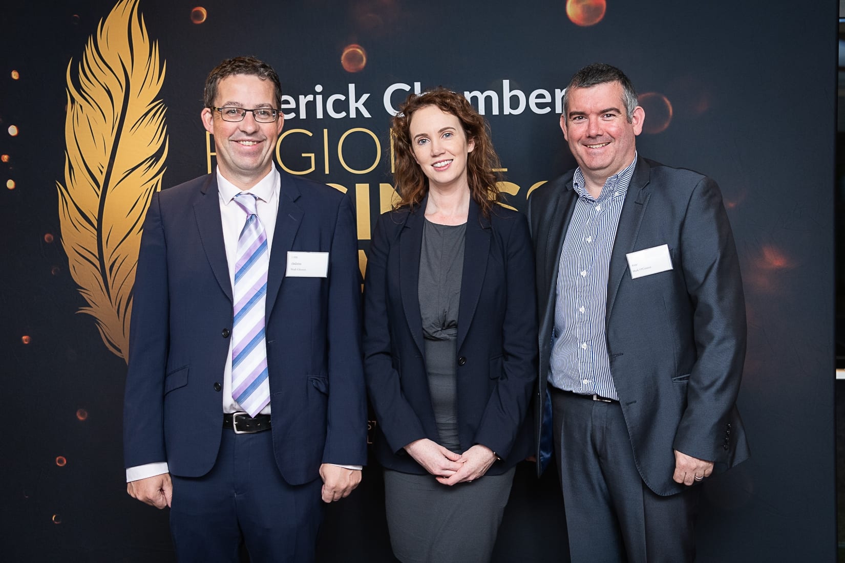 No repro fee-Limerick Chamber President Dinner Shortlist announcement which was held in The Limerick Strand Hotel on Wednesday 16th October  - From Left to Right: Niall Glesson - Deloitte, Mary McNamee- Limerick Chamber, MarkO’Connor - 4 Site. 
Photo credit Shauna Kennedy
