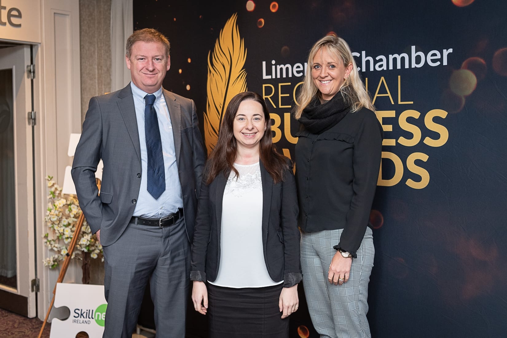 No repro fee-Limerick Chamber President Dinner Shortlist announcement which was held in The Limerick Strand Hotel on Wednesday 16th October  - From Left to Right: Damien Garihy - AIB, Magdalena Koziel - Deloitte, Olivia Hayes- Ingenium Training Consulting. 
Photo credit Shauna Kennedy