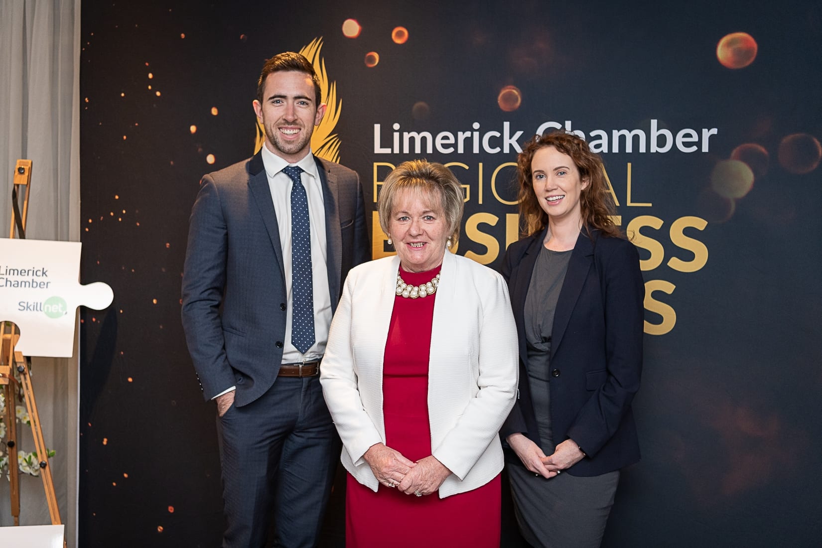 No repro fee-Limerick Chamber President Dinner Shortlist announcement which was held in The Limerick Strand Hotel on Wednesday 16th October  - From Left to Right: Rory Byrne - Deloitte, Yvonne Delaney - UL, Mary McNamee- Limerick Chamber. 
Photo credit Shauna Kennedy