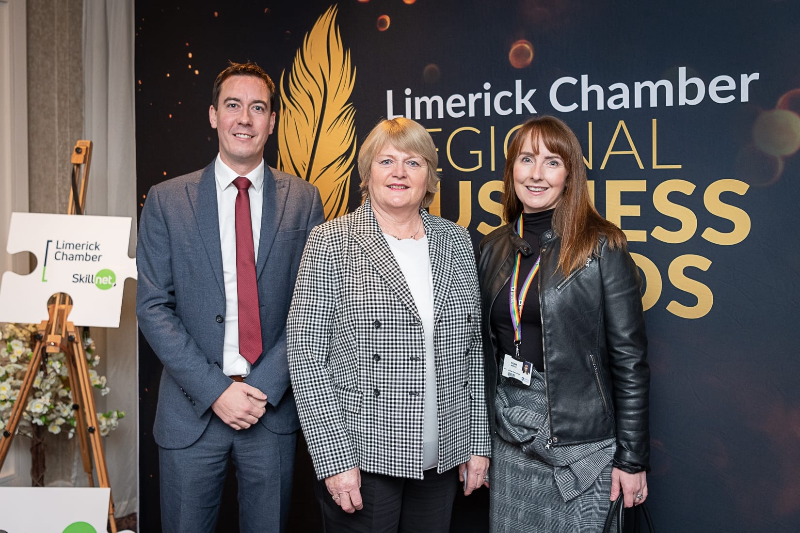 No repro fee-Limerick Chamber President Dinner Shortlist announcement which was held in The Limerick Strand Hotel on Wednesday 16th October  - From Left to Right: Niall O’Callaghan - Shannon Hertitage, Bernie Moloney - LEO, Fiona Keogh- Analog Devices
Photo credit Shauna Kennedy