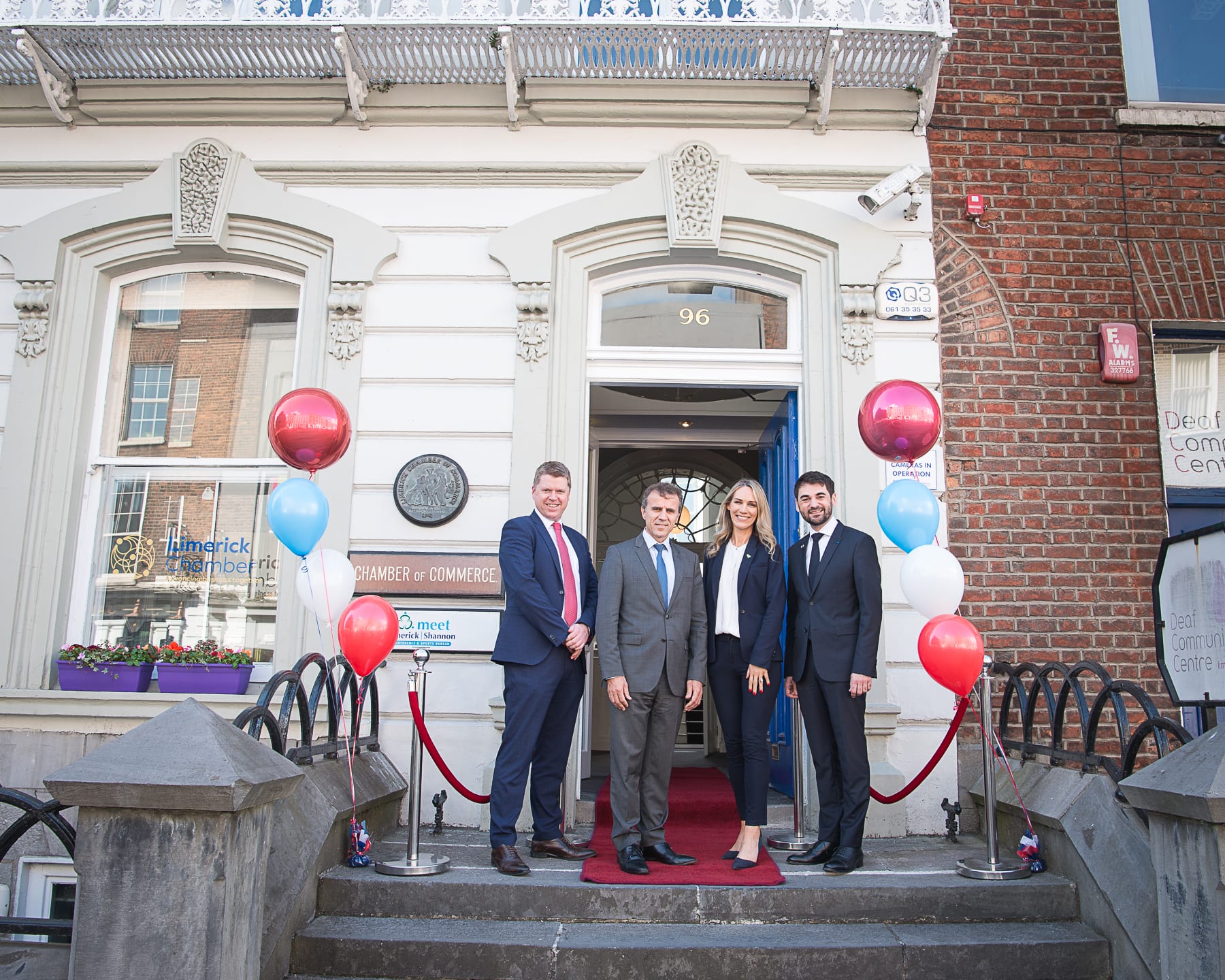 no repro fee- 
From Left to Right:  French Embassy Event which took place on the 18th June in the Limerick Chamber Boardroom:  Eoin Ryan - Vice President Limerick Chamber, HE Stéphane Crouzat - French Embassy, Dee Ryan - CEO Limerick Chamber, Dr Loic Guyon - French Embassy 
Photo by Morning Star Photography
