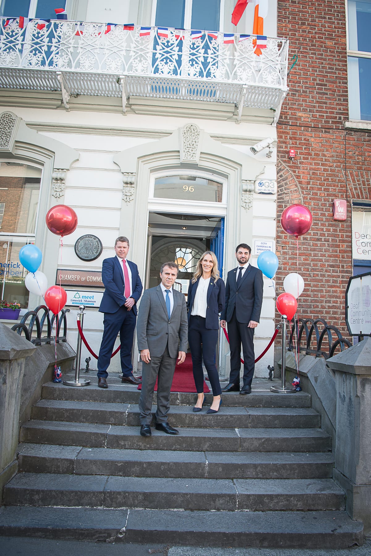no repro fee- 
From Left to Right:  French Embassy Event which took place on the 18th June in the Limerick Chamber Boardroom:  Eoin Ryan - Vice President Limerick Chamber, HE Stéphane Crouzat - French Embassy, Dee Ryan - CEO Limerick Chamber, Dr Loic Guyon - French Embassy 
Photo by Morning Star Photography