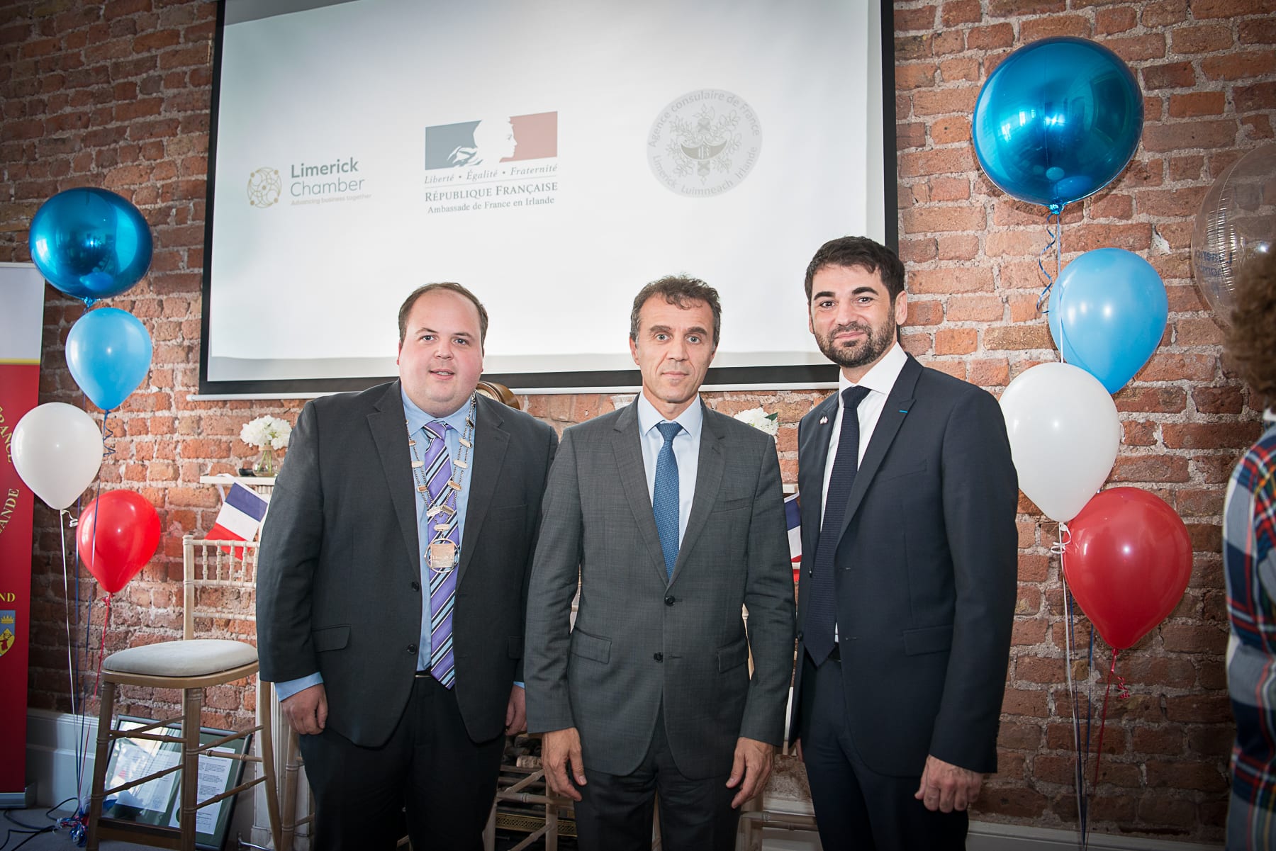 no repro fee- 
From Left to Right:  French Embassy Event which took place on the 18th June in the Limerick Chamber Boardroom:  Deputy Mayor Adam Teskey, HE Stéphane Crouzat - French Embassy,  Dr Loic Guyon - French Embassy 
Photo by Morning Star Photography