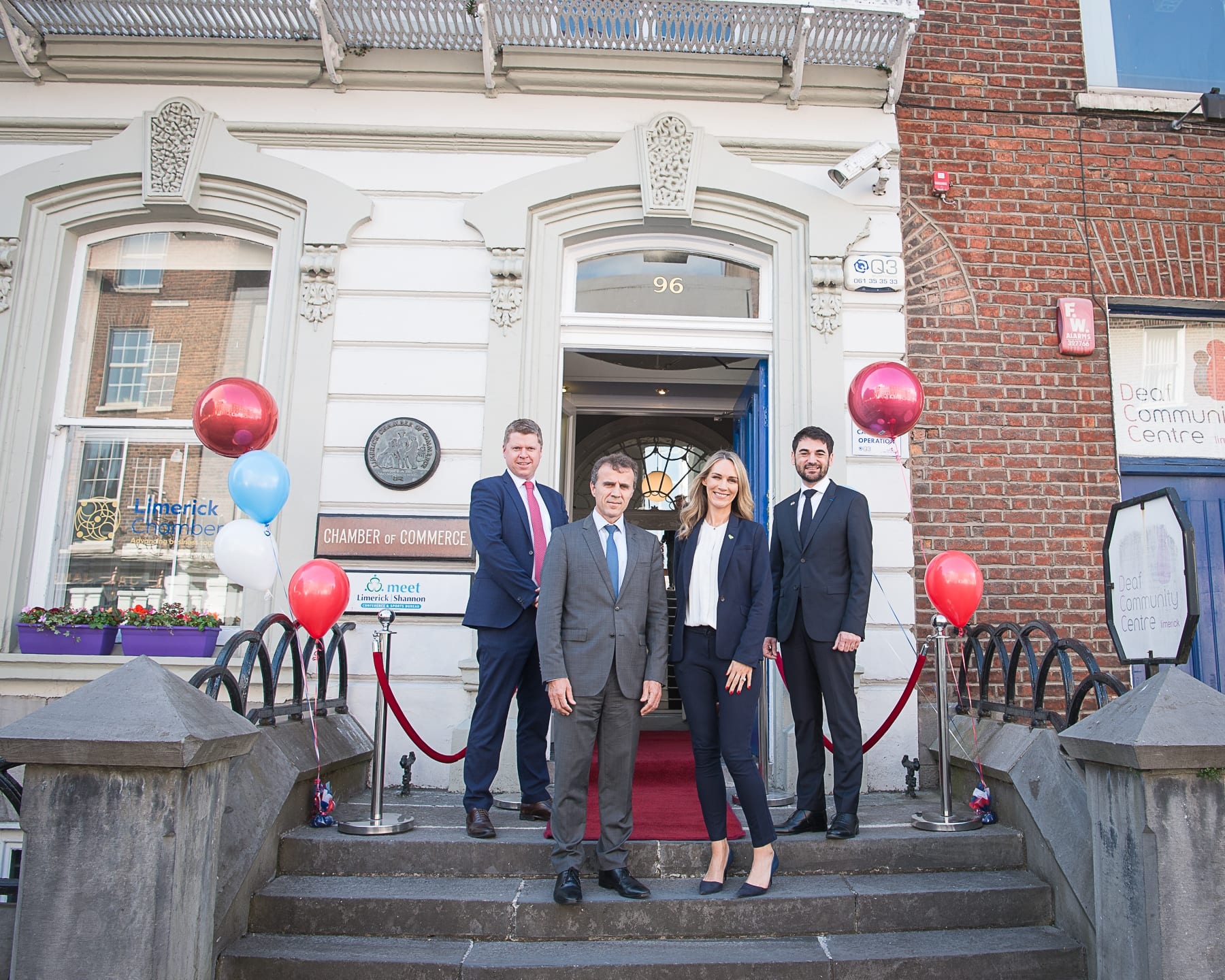 no repro fee- 
From Left to Right:  French Embassy Event which took place on the 18th June in the Limerick Chamber Boardroom:  Eoin Ryan - Vice President Limerick Chamber, HE Stéphane Crouzat - French Embassy, Dee Ryan - CEO Limerick Chamber, Dr Loic Guyon - French Embassy 
Photo by Morning Star Photography