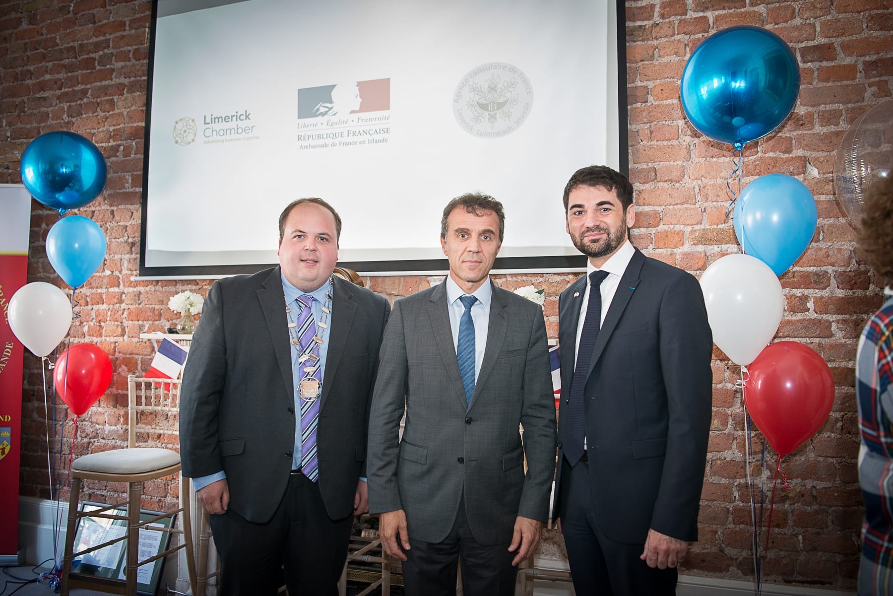 no repro fee- 
From Left to Right:  French Embassy Event which took place on the 18th June in the Limerick Chamber Boardroom:  Deputy Mayor Adam Teskey, HE Stéphane Crouzat - French Embassy,  Dr Loic Guyon - French Embassy 
Photo by Morning Star Photography