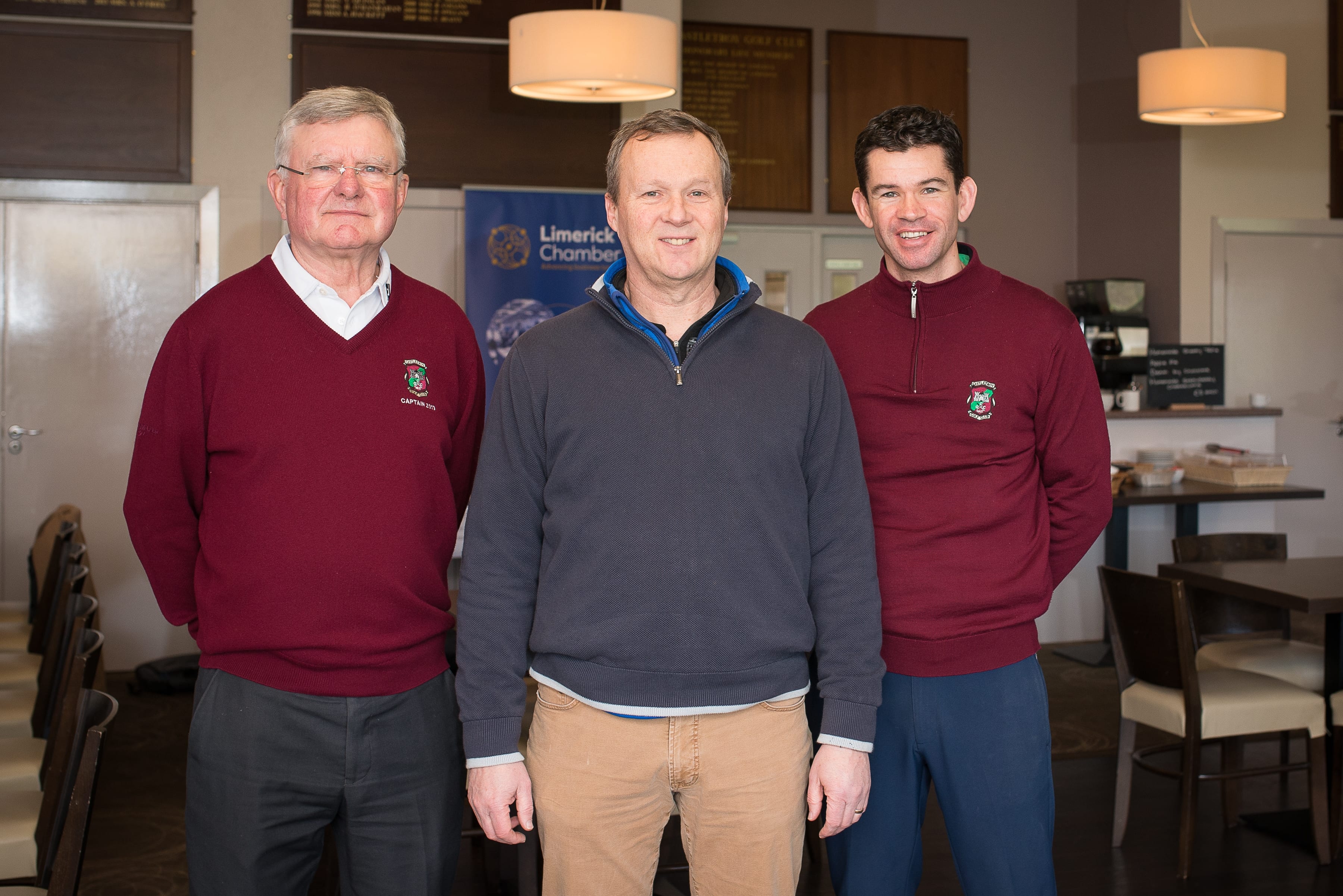 Limerick Chamber Go Golfing for Business Series
in association with the Castletroy Golf Club which took place in the Castletroy Golf Club  on Thursday 7th March 2019:  From left to right: Denis O’Sullivan - Club Captain Castletroy Golf Club, Paul Griffin - First Compliance,  Gary Howie - Castletroy Golf Club Pro Golfer. 
Image by Morning Star Photography