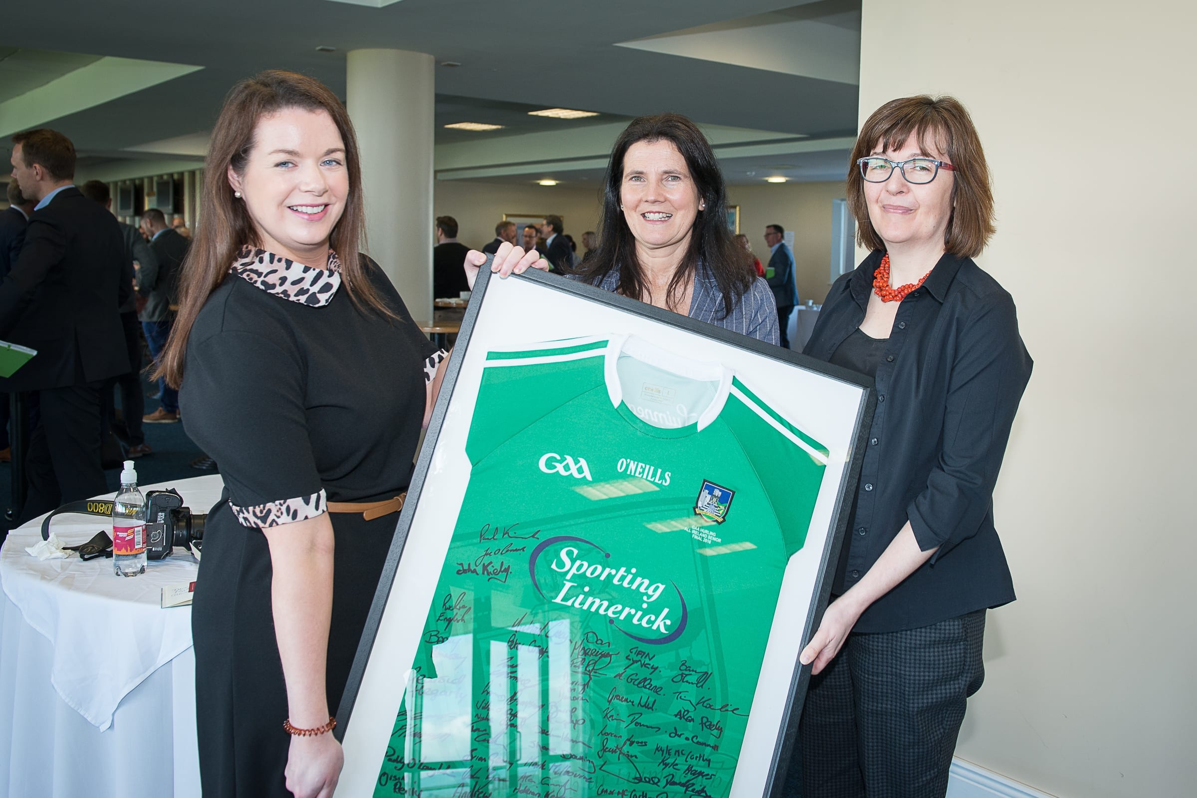 From Left to Right:  Upskilling the MidWest with John Kiely which took place on the 30th April in function room of the Limerick Racecourse: Amy Regan - Winner of Signed Limerick Jersey, Anne Morris - Limerick Chamber Skillnet, Gráinne Walsh - ICBE Skillnet