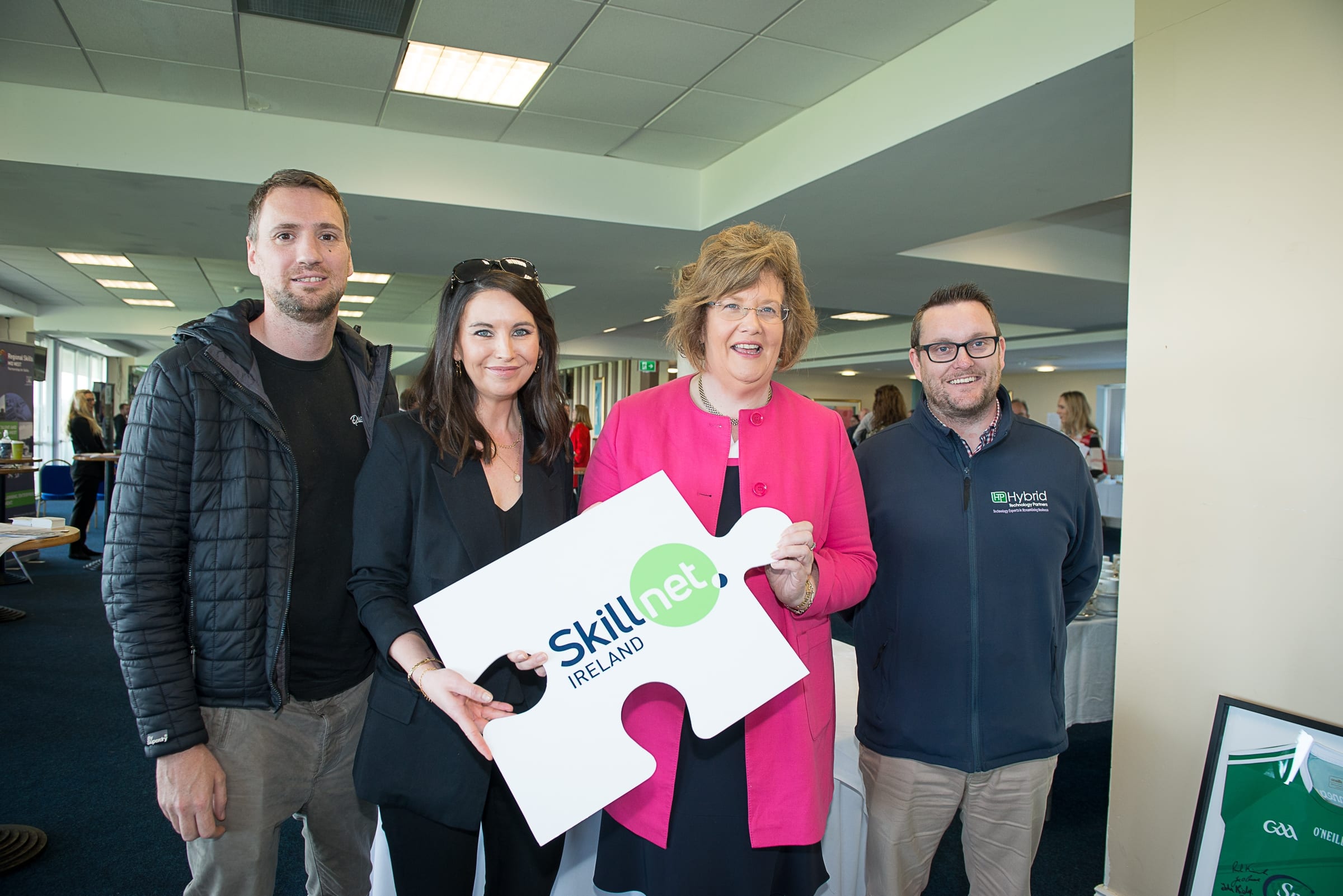 From Left to Right:  Upskilling the MidWest with John Kiely which took place on the 30th April in function room of the Limerick Racecourse: Ross Fitzsimmons - NTES, Emma Foote - UCHL, Senator Maria Byrne , Ronan Feehan - Hybrid Technologies Partners