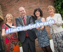 from left to right: Lavinia Ryan Duggan, Vhi Healthcare; Cathal Treacy, Limerick Chamber President, Dr. Maria Hinfelaar, President LIT, Main Award Sponsor, Julie Sinnamon, CEO Enterprise Ireland,