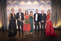 Best ESG: Environmental Impact Award Winner. From left to right: Dee Ryan - CEO Limerick Chamber,  John Stokes - COO H&MV Engerineering / Winner,  Kate Kerrane - H&MV Engerineering / Winner, Leanne  Storan - EY / Award Sponsor,  David Maher and Mike Collins both from H&MV Engineering, Miriam O’Connor - President Limerick Chamber.
