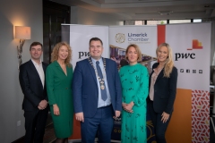 no report fee- Budget Briefing held in the Castletroy Park Hotel, Limerick on 28th September 2022. from left to right: Professor Stephen Kinsella - Speaker / UL,  Mairead Connolly - Speaker / PWC, Donal Cantillon - President Limerick Chamber,  Emer Hodge - Speaker / PWC, Dee Ryan - CEO Limerick Chamber