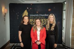 no repro fee: : Limerick Chamber Regional Awards 2023 Business Breakfastwhich was held in The Castletroy Hotel on the 23rd June. From left to right: Grace Lee, Nicola Hackett and Melissa  Kegan  all from HOMS.
