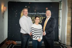 no repro fee: : Limerick Chamber Regional Awards 2023 Business Breakfastwhich was held in The Castletroy Hotel on the 23rd June. From left to right: Andrew McLoughlin, Benda O’Donnell and Noel Gavin all from Northern Trust,.
