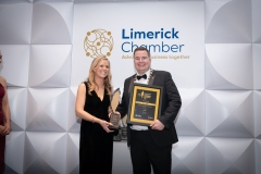 Limerick Chamber Business Awards which took place on the 18th November in The Strand Hotel -Best  Sustainable Business - From Left to right Sandra Egan - Holmes Award Sponser, Donal Cantillon - President Limerick Chamber accepting the award on behalf of Dansko Foods.