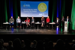 19-11-2024 Limerick City General Election Debate 2024', in the Millenium Teathre, Technological University of the Shannon, hosted by Limeick Chamber and sponsored by the Limerick Post Newspaper, adjudicated by Pat Leahy, Irish Times political editor . Candidates debating were Ruairi Fahy, People Before Profit, Paul Gavin, Sinn Fein, Michelle Hayes, Independent,  Kieran O'Donnell, Fine Gael,  Dee Ryan, Fianna Fail, Elisa O'Donovan, Social Democrats and Conor Sheehan, Labour.   Picture: Keith Wiseman