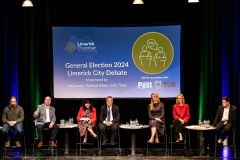 19-11-2024 Limerick City General Election Debate 2024', in the Millenium Teathre, Technological University of the Shannon, hosted by Limeick Chamber and sponsored by the Limerick Post Newspaper, adjudicated by Pat Leahy, Irish Times political editor . Candidates debating were Ruairi Fahy, People Before Profit, Paul Gavin, Sinn Fein, Michelle Hayes, Independent,  Kieran O'Donnell, Fine Gael,  Dee Ryan, Fianna Fail, Elisa O'Donovan, Social Democrats and Conor Sheehan, Labour.   Picture: Keith Wiseman