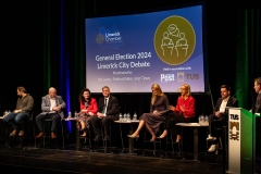 19-11-2024 Limerick City General Election Debate 2024', in the Millenium Teathre, Technological University of the Shannon, hosted by Limeick Chamber and sponsored by the Limerick Post Newspaper, adjudicated by Pat Leahy, Irish Times political editor . Candidates debating were Ruairi Fahy, People Before Profit, Paul Gavin, Sinn Fein, Michelle Hayes, Independent,  Kieran O'Donnell, Fine Gael,  Dee Ryan, Fianna Fail, Elisa O'Donovan, Social Democrats and Conor Sheehan, Labour.   Picture: Keith Wiseman