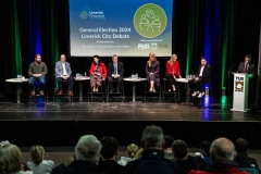 19-11-2024 Limerick City General Election Debate 2024', in the Millenium Teathre, Technological University of the Shannon, hosted by Limeick Chamber and sponsored by the Limerick Post Newspaper, adjudicated by Pat Leahy, Irish Times political editor . Candidates debating were Ruairi Fahy, People Before Profit, Paul Gavin, Sinn Fein, Michelle Hayes, Independent,  Kieran O'Donnell, Fine Gael,  Dee Ryan, Fianna Fail, Elisa O'Donovan, Social Democrats and Conor Sheehan, Labour.   Picture: Keith Wiseman