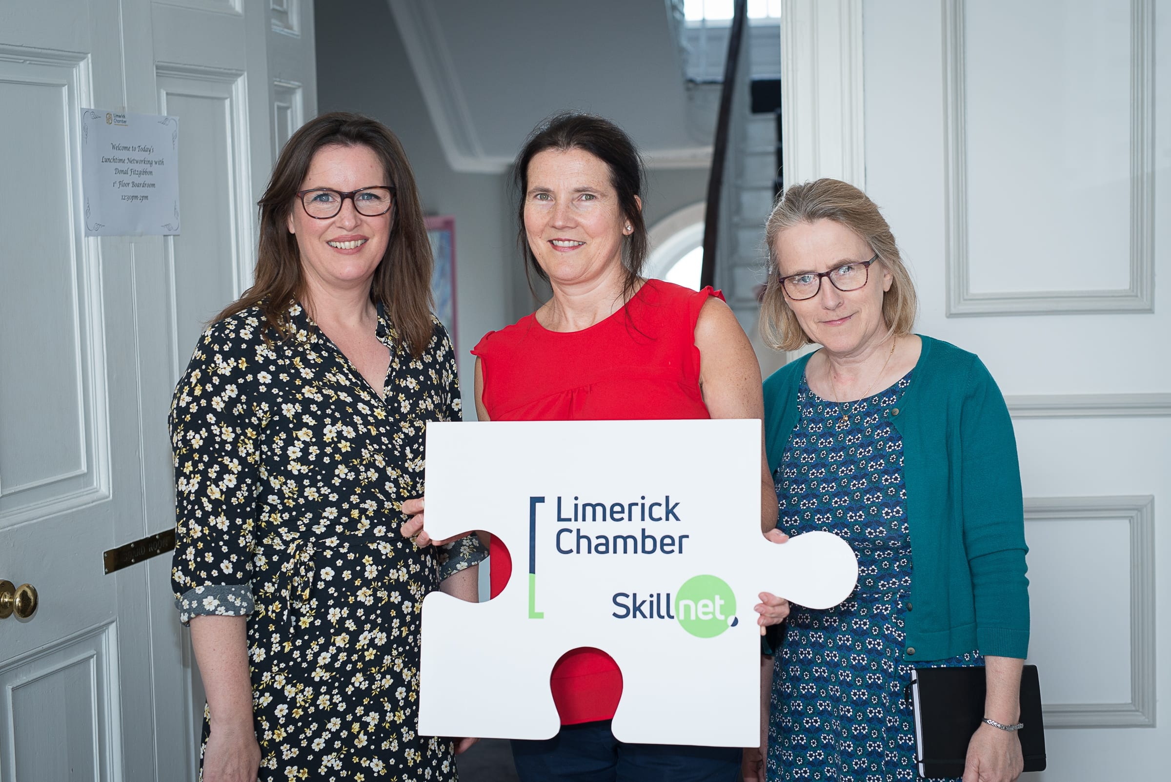 From Left to Right:  Lunchtime networking with Donal Fitzgibbon which took place in the chamber offices on 14th May:Jill Fento - Limetree Theatre, Anne Morris - Limerick Chamber Skillnet, Louise Donlon - Limetree Theatre 
Photo by morning star photography