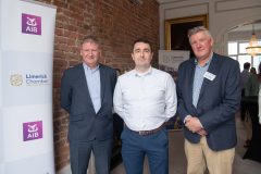no repro fee: Limerick Chamber member mingle sponsored by AIB held in the chamber offices on 27th April 2023. From left to right:  Damien Garrihy - AIB / Sponsor, Ian Hackett - Limerick Mental Health. Dermot Garham - Limerick Chamber