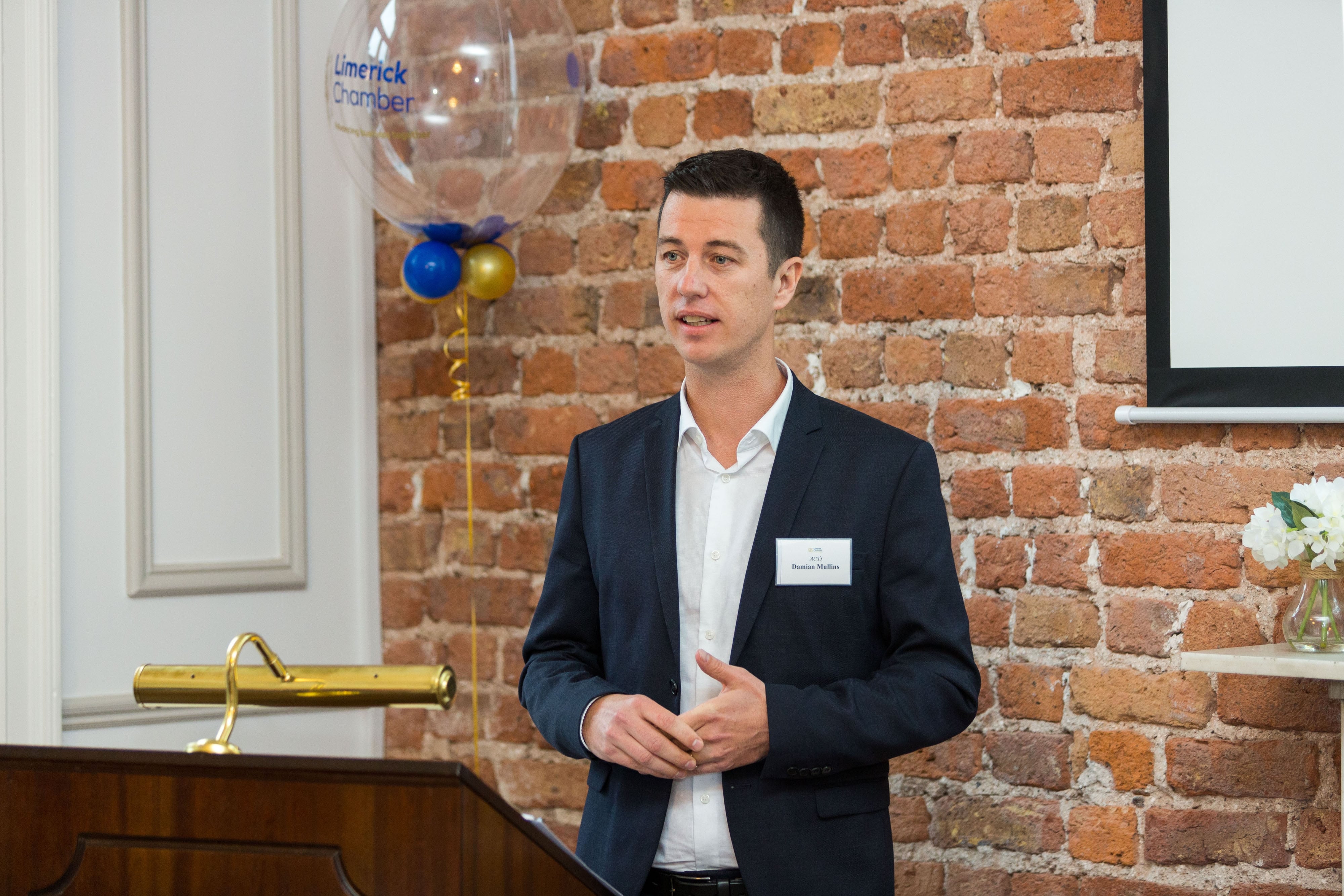 Limerick Chamber New Members BreakfastDamien Mullins, Act3 speaking at the New Members Breakfast at the Limerick Chamber offices.Photo: Oisin McHugh True Media