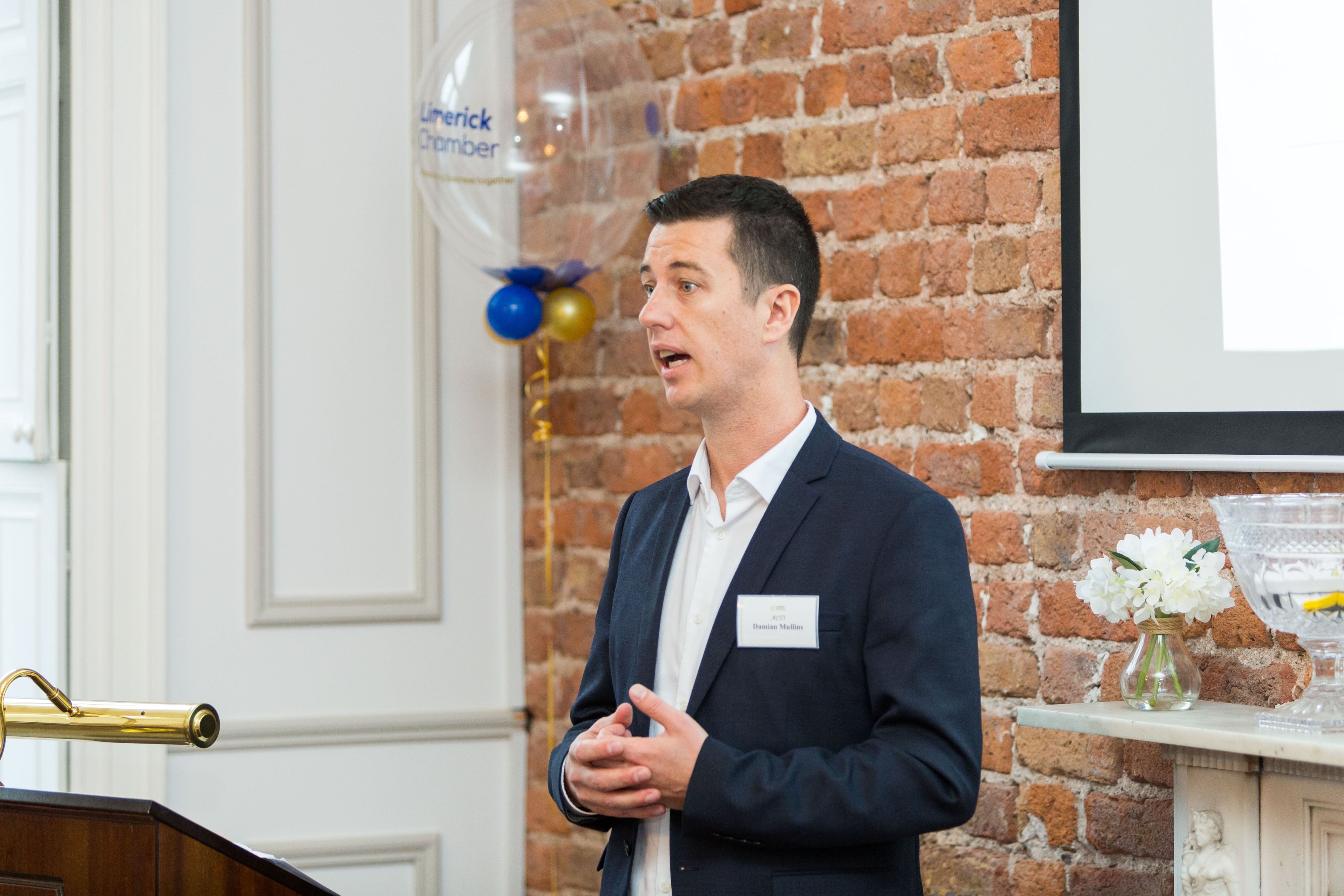 Limerick Chamber New Members BreakfastDamien Mullins, Act3 speaking at the New Members Breakfast at the Limerick Chamber offices.Photo: Oisin McHugh True Media