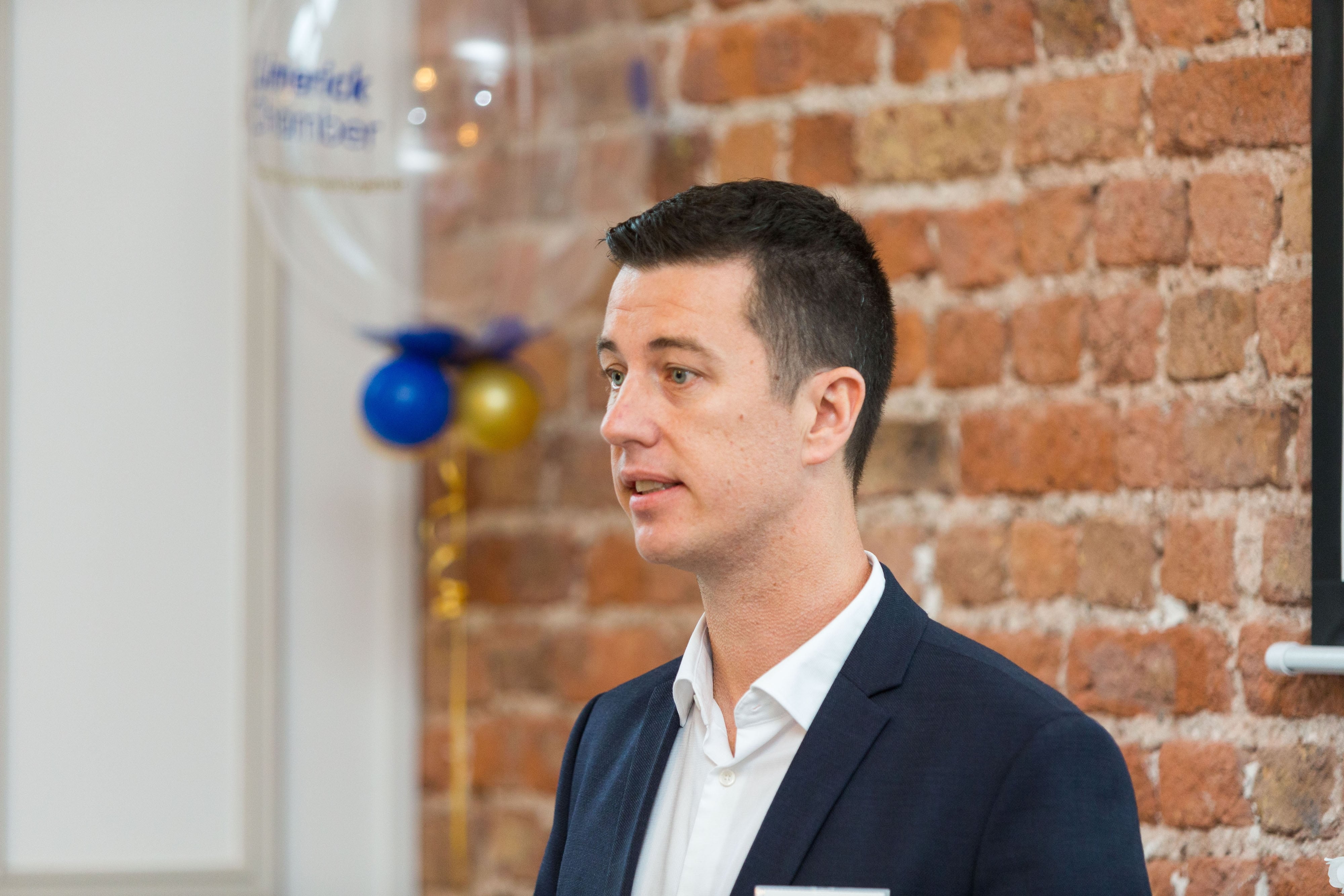 Limerick Chamber New Members BreakfastDamien Mullins, Act3 speaking at the New Members Breakfast at the Limerick Chamber offices.Photo: Oisin McHugh True Media
