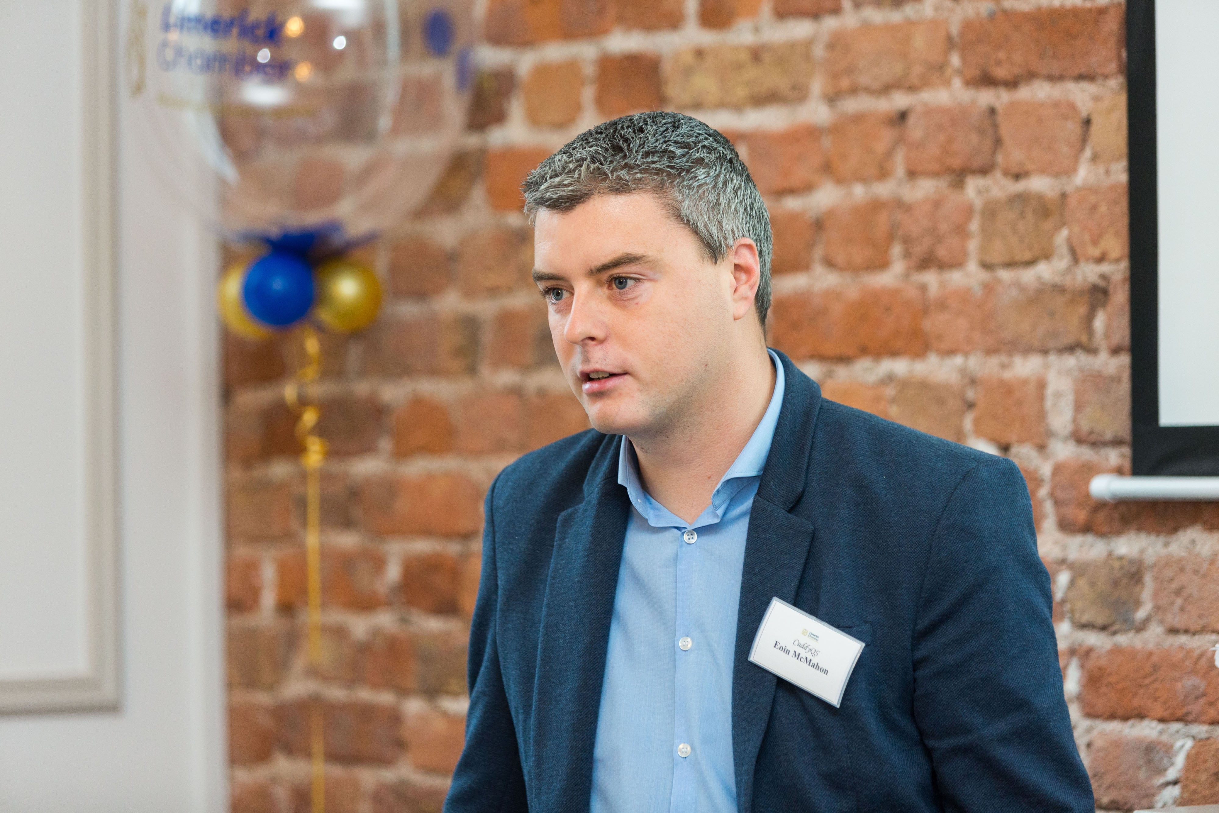 Limerick Chamber New Members BreakfastEoin McMahon, CuddyQS speaking at the New Members Breakfast at the Limerick Chamber offices.Photo: Oisin McHugh True Media