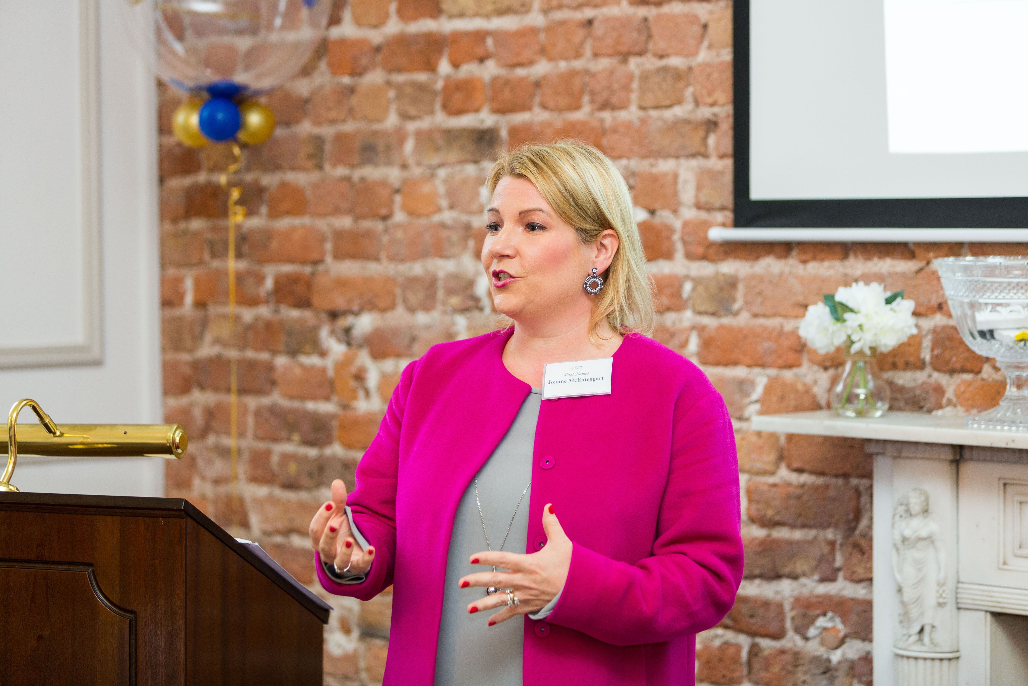 Limerick Chamber New Members BreakfastJoanne McEnteggart, First Names speaking at the New Members Breakfast at the Limerick Chamber offices.Photo: Oisin McHugh True Media
