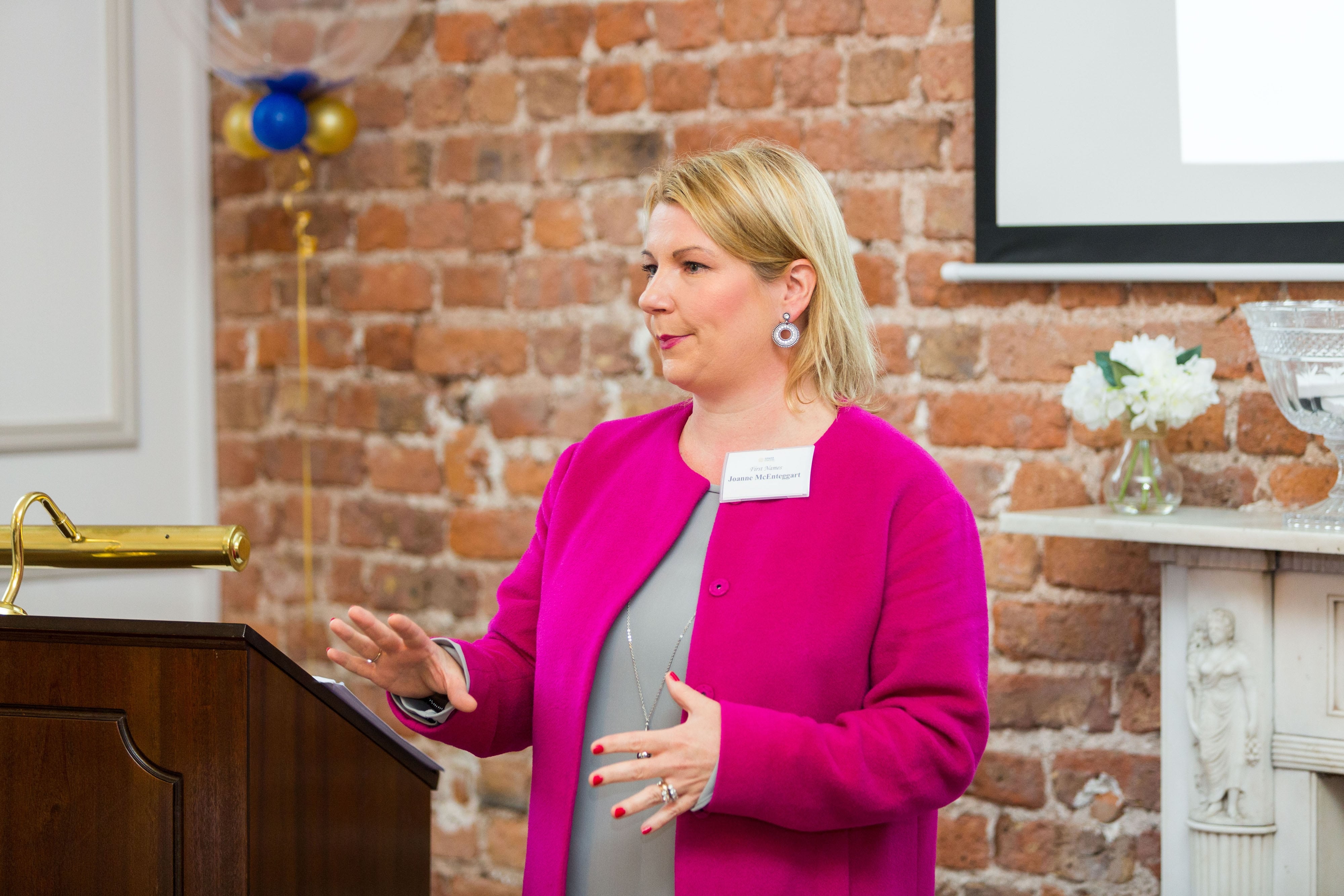 Limerick Chamber New Members BreakfastJoanne McEnteggart, First Names speaking at the New Members Breakfast at the Limerick Chamber offices.Photo: Oisin McHugh True Media