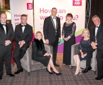 No repro fee- limerick chamber president's dinner 2017 - 17-11-2017, From Left to Right: President Dinner Sponsor AIB, #BackedByAIB, Sponsor of the Best Family Business Award.: Conor O'Sullivan - AIB, Dr James Ring - CEO Limerick Chamber, Mary Shanahan - AIB , Ken Johnson - President Limerick Chamber, Joan O'Dell - AIB, Judy Tighe- AIB, Dermot Graham - AIB. Photo credit Shauna Kennedy
