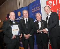 No repro fee- limerick chamber president's dinner 2017 - 17-11-2017, From Left to Right: Best Family Business Award: Conor O’Sullivan - AIB/ Sponsored by AIB, Michael and Seamus Flannery - Flannery's Bar Denmark Street, Ken Johnson - President Limerick Chamber. Photo credit Shauna Kennedy