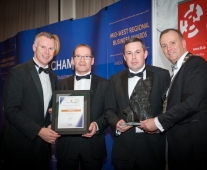 No repro fee- limerick chamber president's dinner 2017 - 17-11-2017, From Left to Right: Best Business Service Provider Award: David Jeffreys- Acton Point / Sponsored by Action Point, PJ Flanagan and Tom Ryan both from H&MV Engineering /Winners, Ken Johnson - President Limerick Chamber. Photo credit Shauna Kennedy