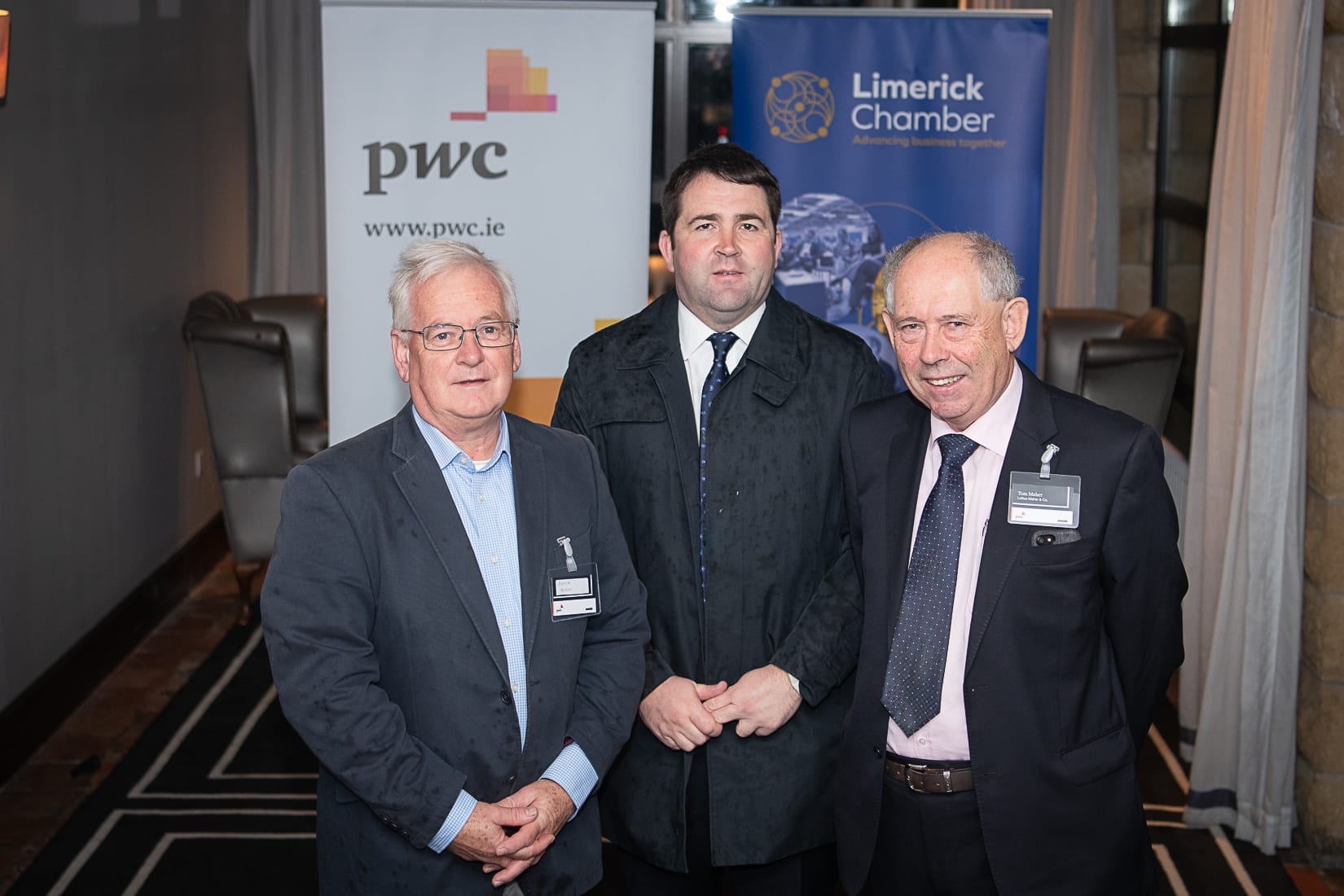 PWC Budget Breakfast in association with the Limerick Chamber which took place in the Castletroy Park Hotel on 9th October 2019, from left to right: Paddy Halton - True North Technologies, Colin Kearney - Adare Manor, Tom Maher - Loftus Maher Accountants.