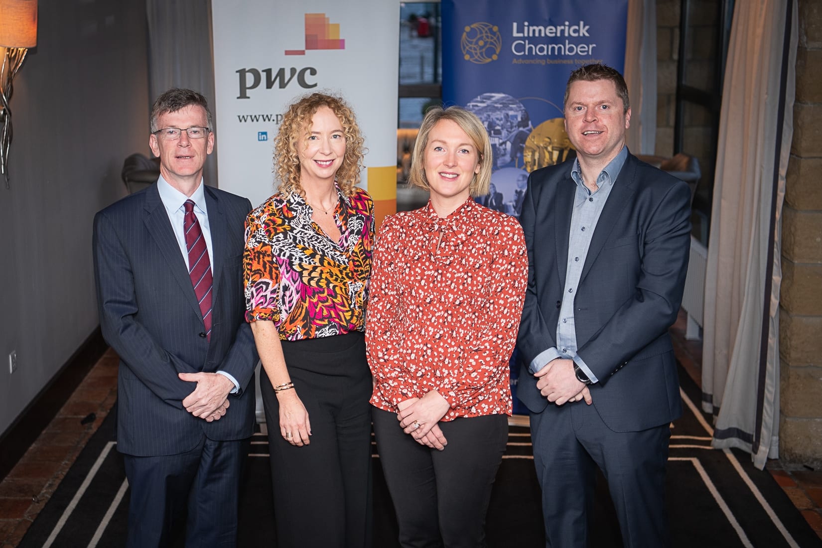 PWC Budget Breakfast in association with the Limerick Chamber which took place in the Castletroy Park Hotel on 9th October 2019, from left to right: Professor Alan Ahearne - Speaker, Mairead Connolly - PWC / Speaker, Emer Hodges - PWC / SPEAKER, Eoin Ryan - Limerick Chamber President. 
Photo by Morning Star Photography