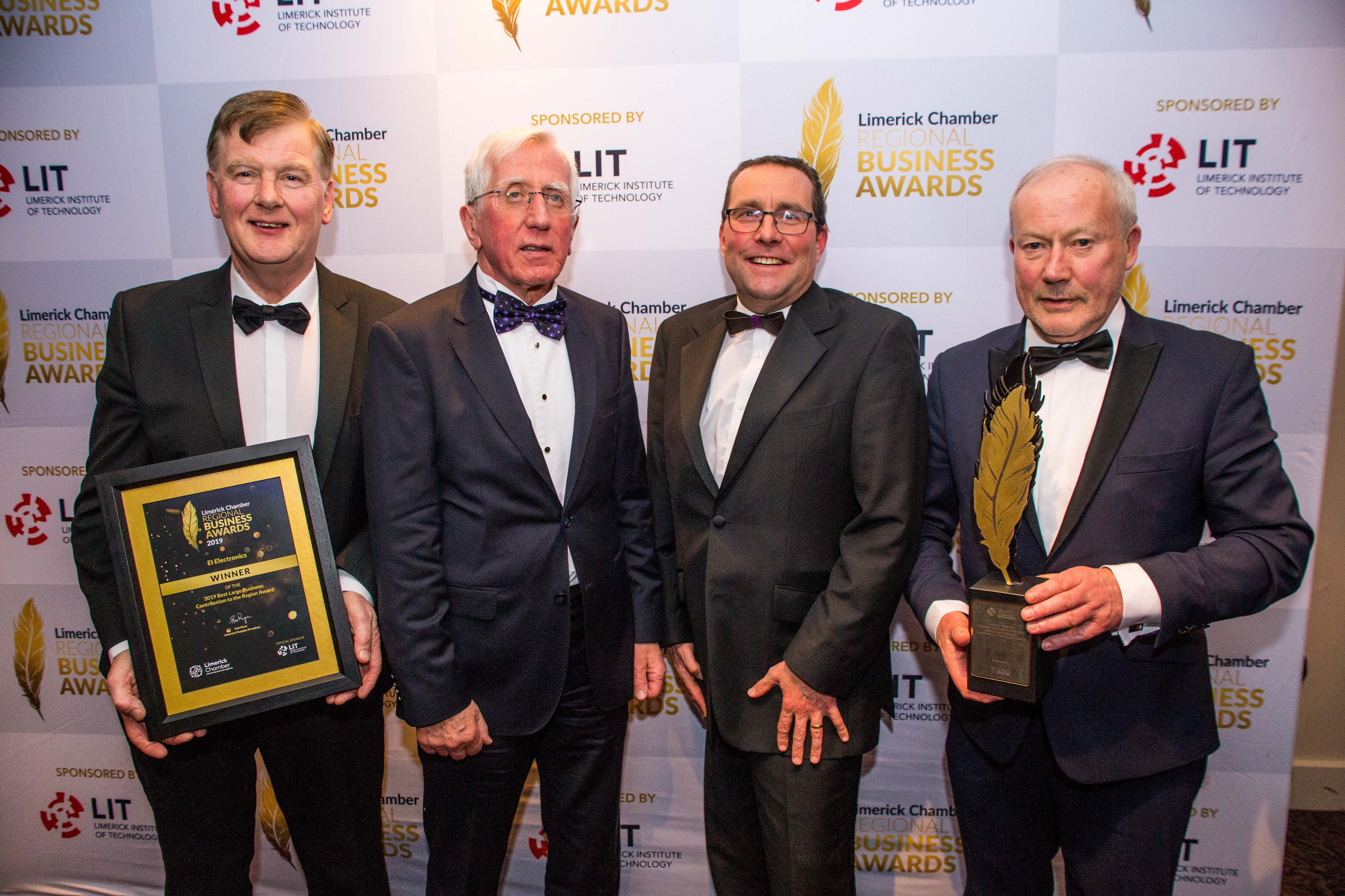 Jim Duignan, Mike Byrne, Peter Murphy and Mick Guinee of EI Electronics with their award for Best Large Business: Contribution to the Region at the Limerick Chamber President's Dinner. Photo: Cian Reinhardt